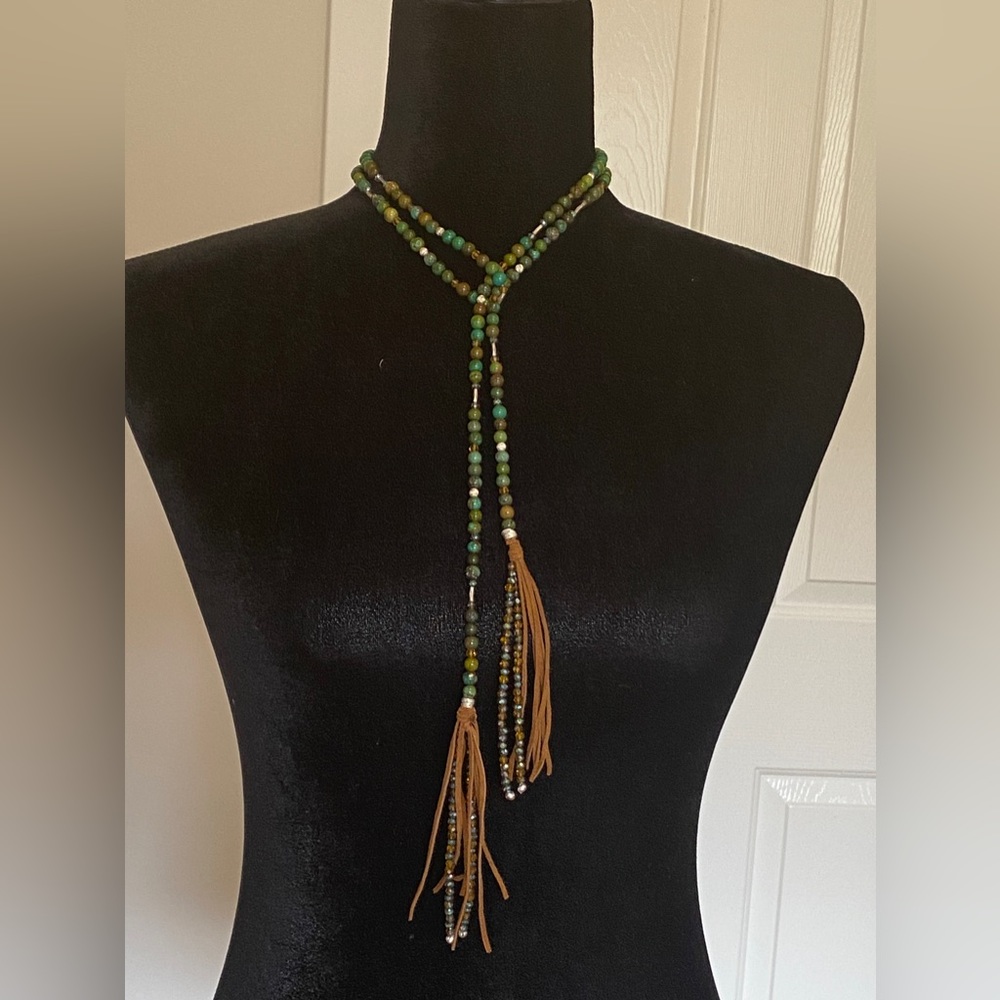Turquoise, sterling silver and leather lariat necklace